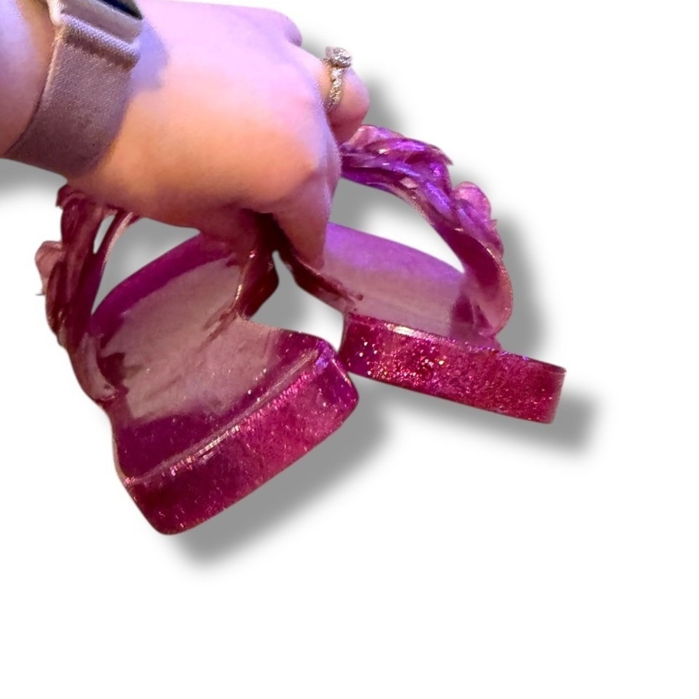Jeffrey Campbell Flower Slide Sandals Size 8 Pink Glitter‎ Jelly Square Toe Y2K - Picture 5 of 9